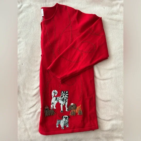 Vintage Quacker Factory Red Cardigan with Puppy Dog Embroidery XL Bone Buttons - Picture 8 of 8